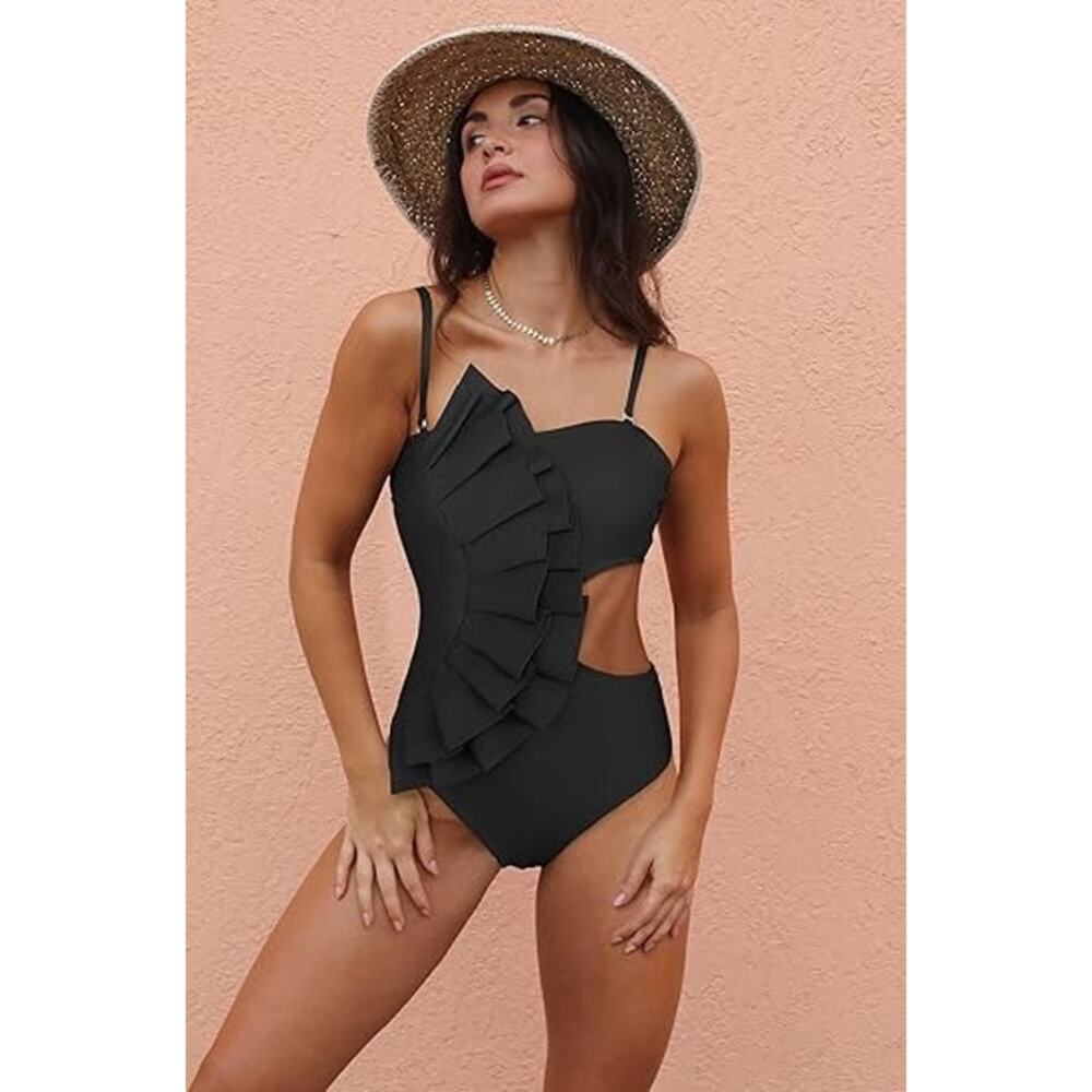 SPORLIKE Ruffle Cut Out One Piece Swimsuit NWOT Black Adjustable Strap Women's S